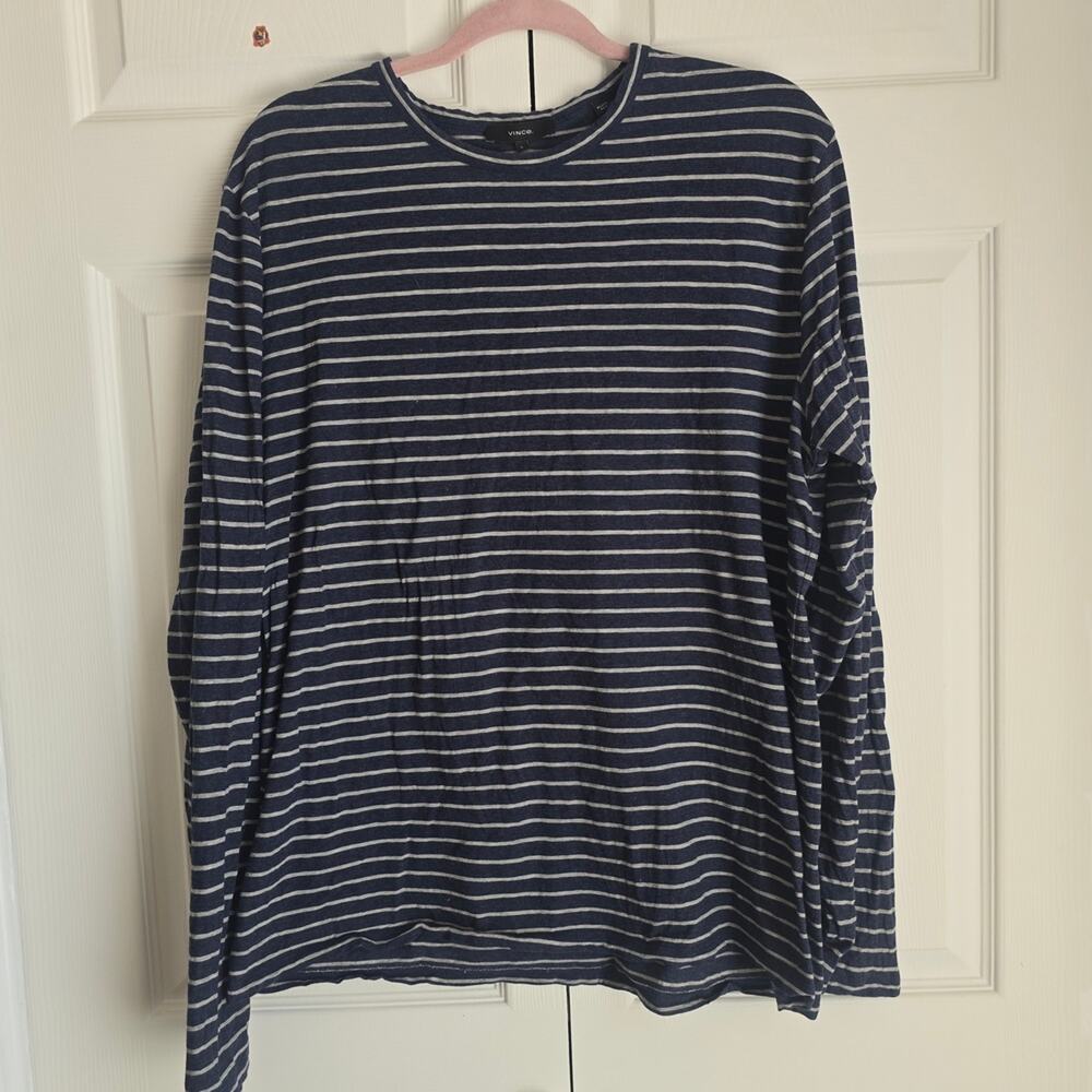 Vince Mens Blue Gray Stripe Long Sleeve T Shirt Pima Cotton L Coastal Preppy